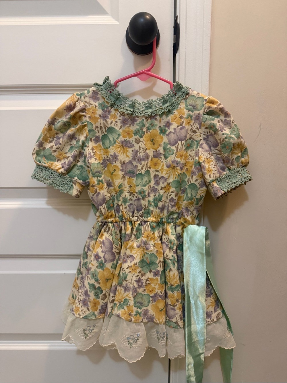 Custom Made Floral Puff-Sleeve Floral Dress with Lace Trim & Embroidered Lace -